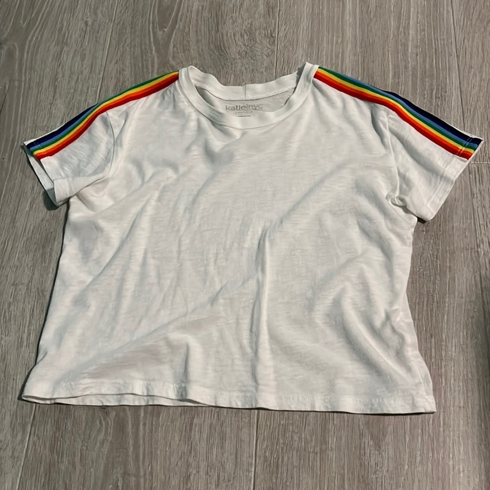Katie J NYC, womens small/child’s medium, white t shirt with rainbow shoulders